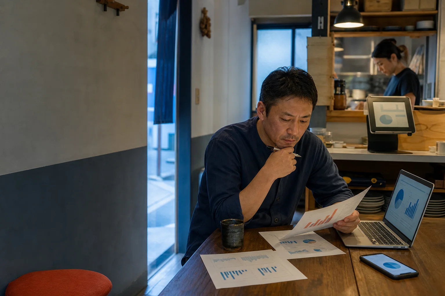 レストランで、別々の資料と画面を見比べる経営者