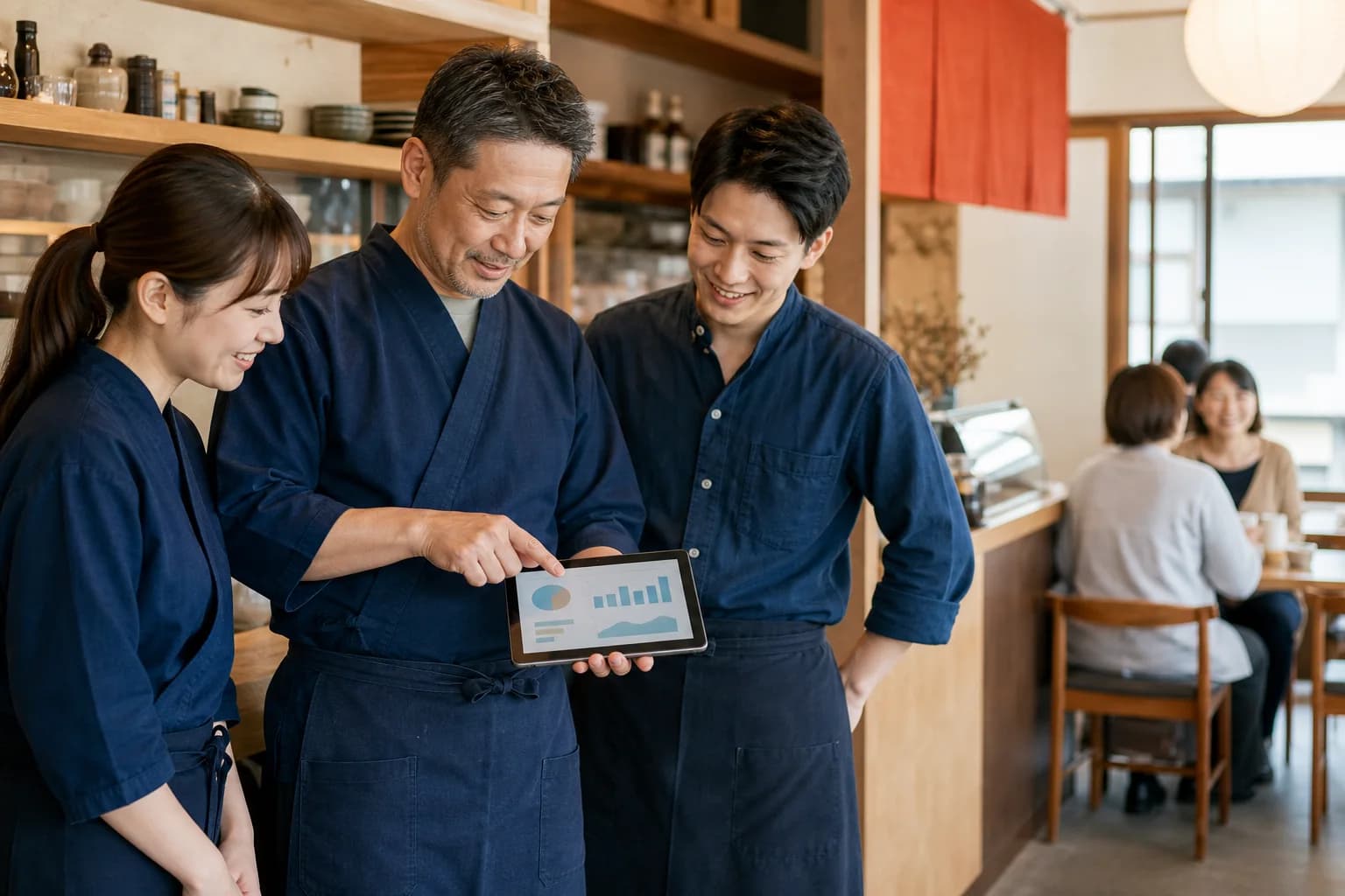 店舗で同じデータ画面を確認する店長とスタッフ